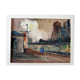 André Duculty (1912-1990) Watercolor on paper "Cathedral Notre Dame de Paris, view of the docks" Signed