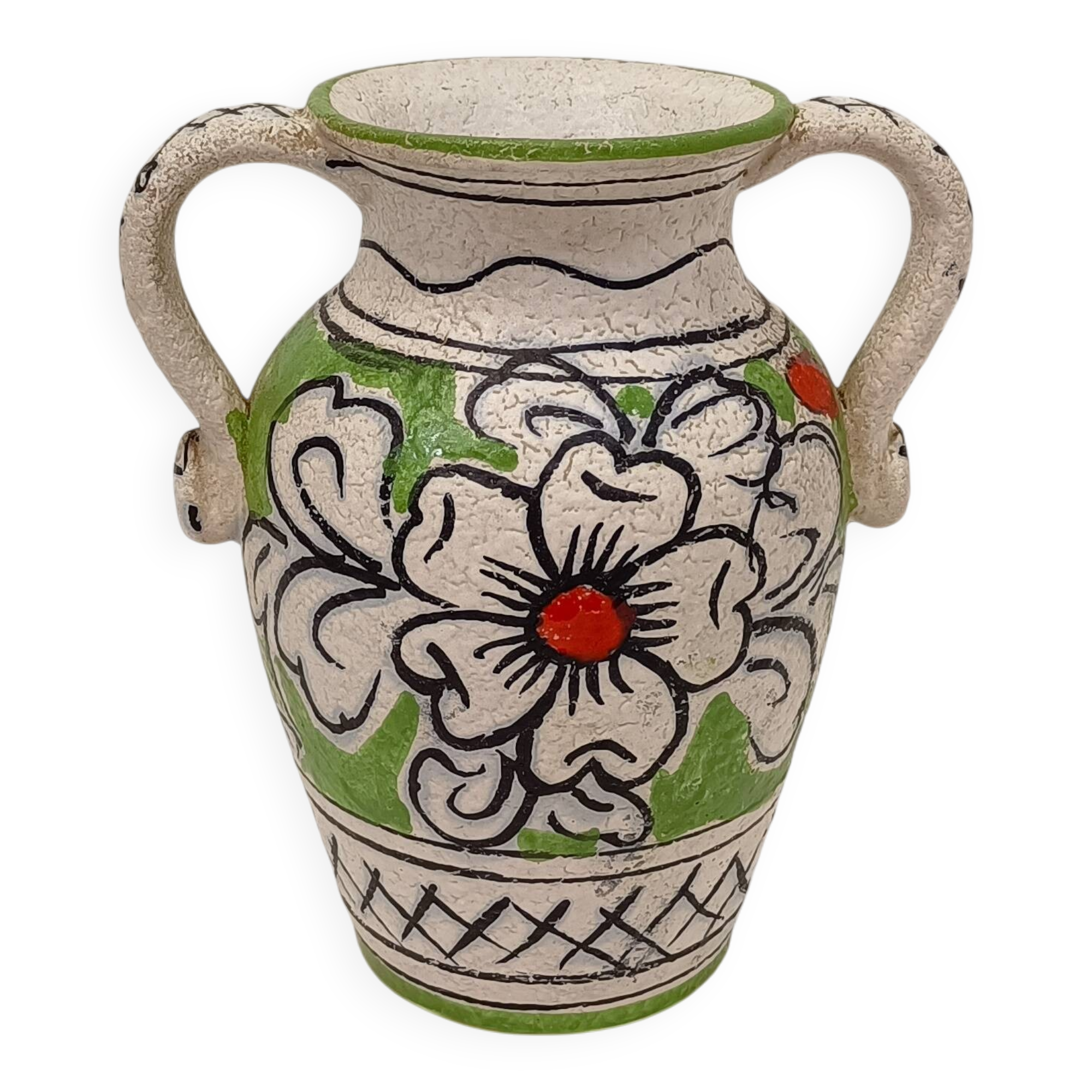 Handcrafted enamelled vase with green and red floral decoration – Italy 15 cm