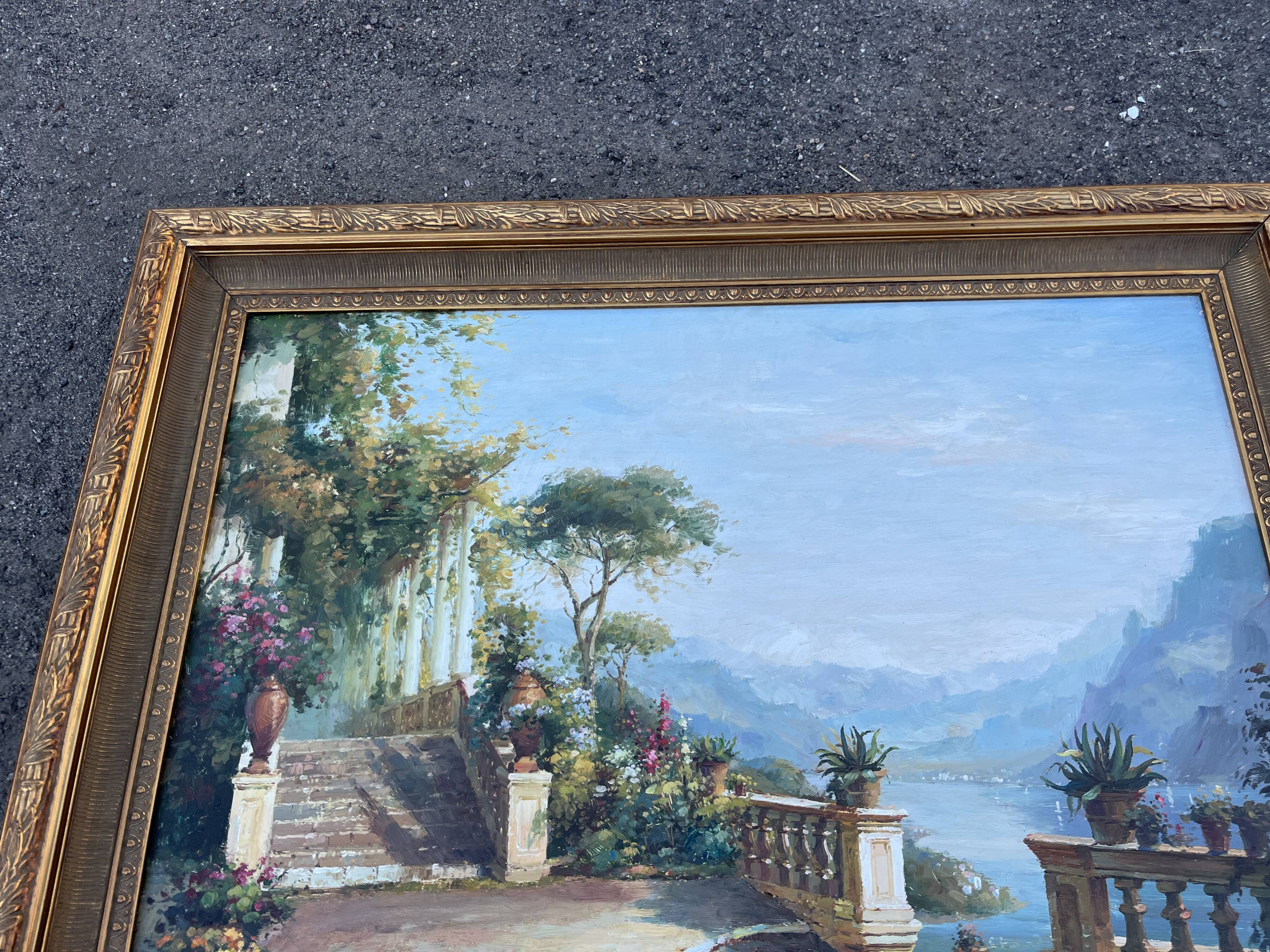 Large oil on canvas, Mediterranean terrace by the lake, signed, gilded frame.