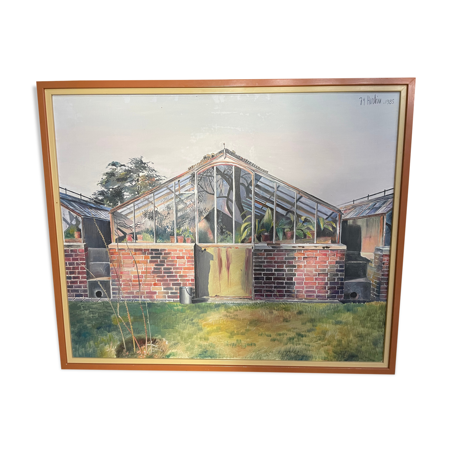 Oil on canvas "the greenhouse in the garden" signed