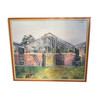 Oil on canvas "the greenhouse in the garden" signed