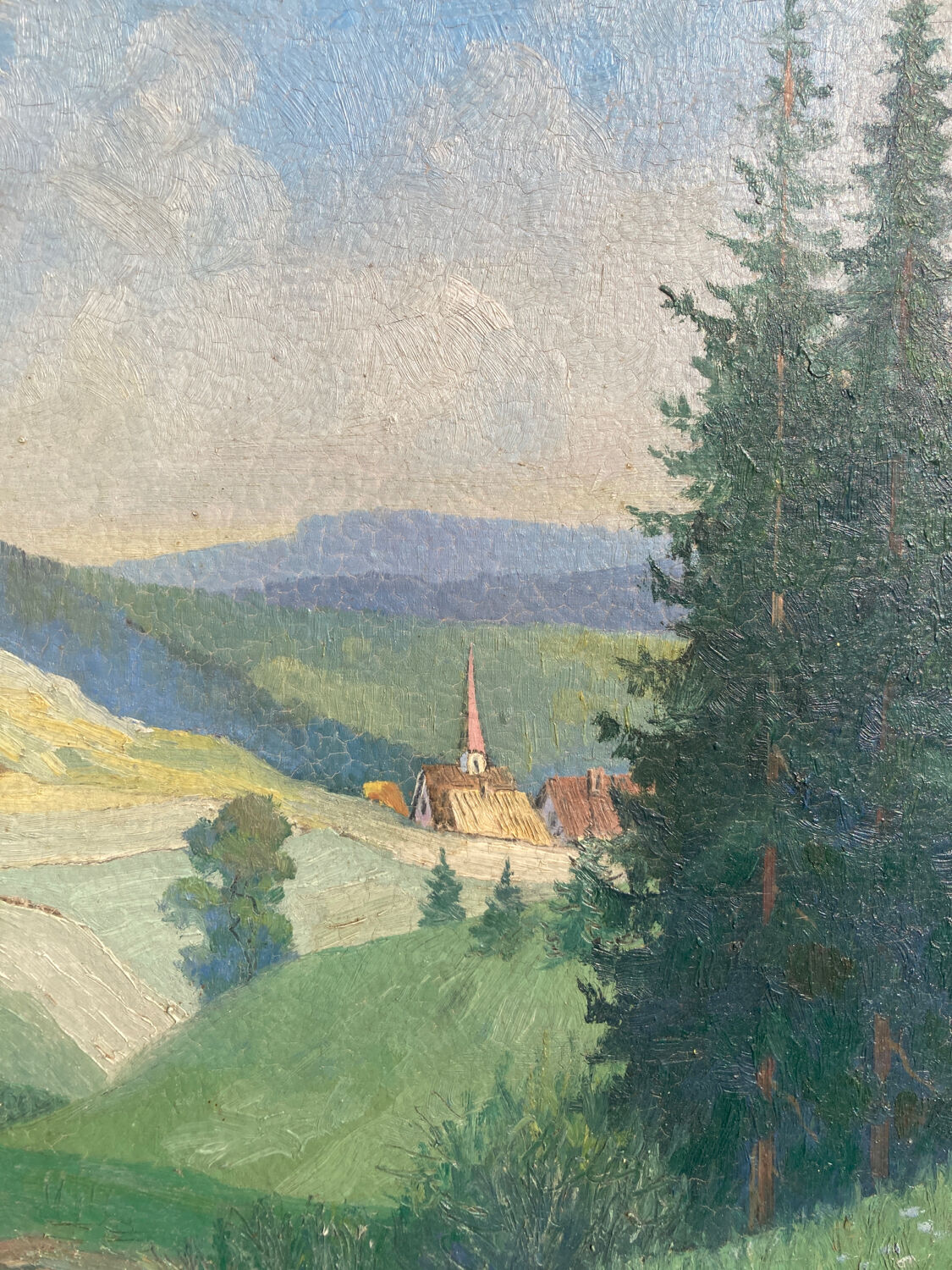 Old oil painting on wood panel / painting of a landscape