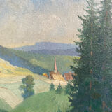 Old oil painting on wood panel / painting of a landscape