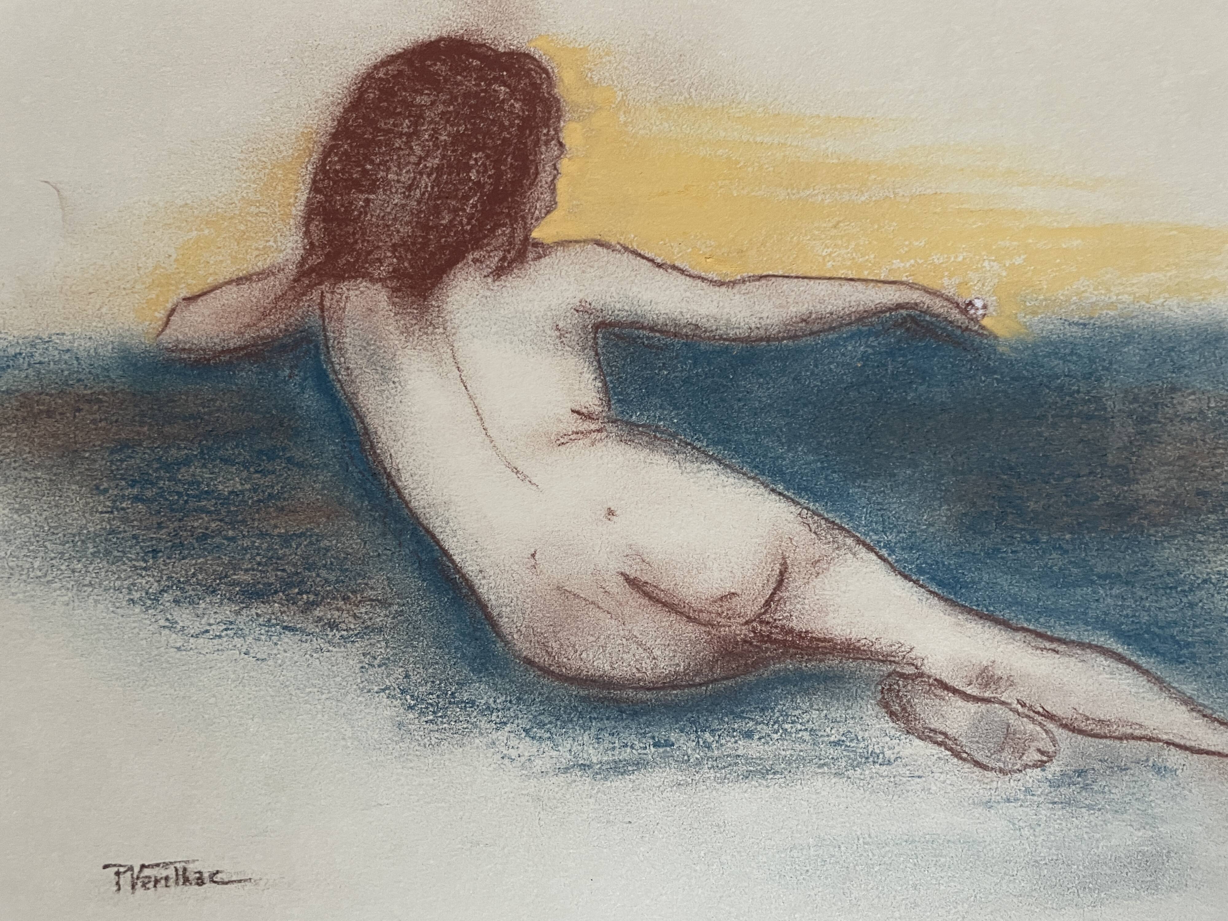 Signed sanguine pastel portrait "the blue sofa"