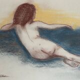 Tableau signé sanguine pastel portait féminin « le divan bleu »