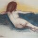 Signed sanguine pastel portrait "the blue sofa"