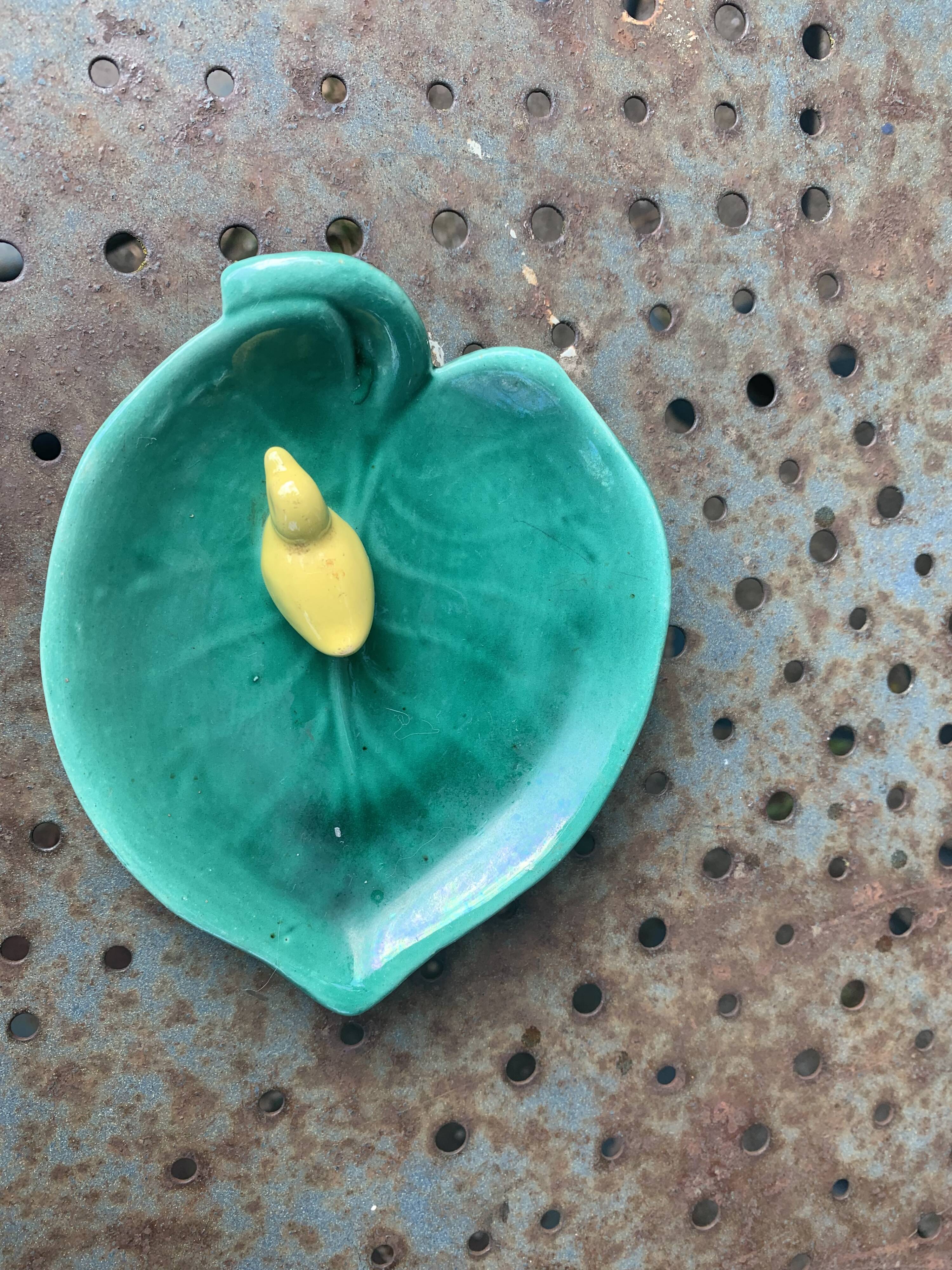 Empty pocket, duck soap dish on green barbotine leaf vintage