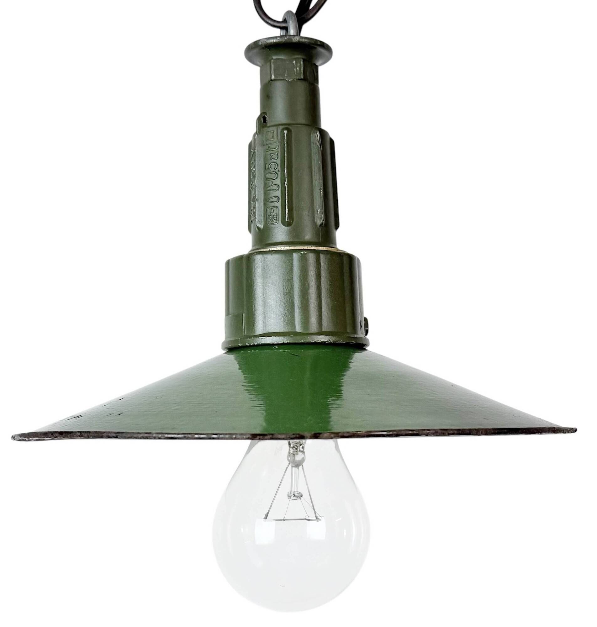 Industrial Green Enamel Military Pendant Lamp with Cast Aluminium Top, 1960
