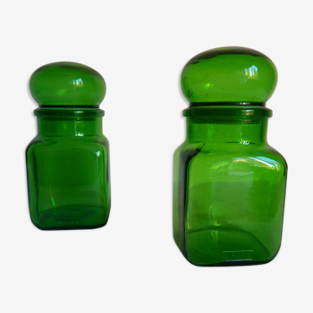 2 green brand smoked airtight glass jars advertising years 70
