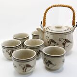 Teapot and its 6 cups with birds Seventies look made in Korea
