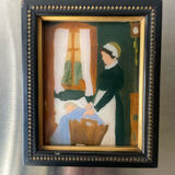 Peinture ancienne sur verre cadre en bois noir avec dorure 16,5 cm x 13,5 cm