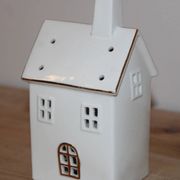 Photophore maison en céramique blanche et dorée – Décoration lumineuse de Noël