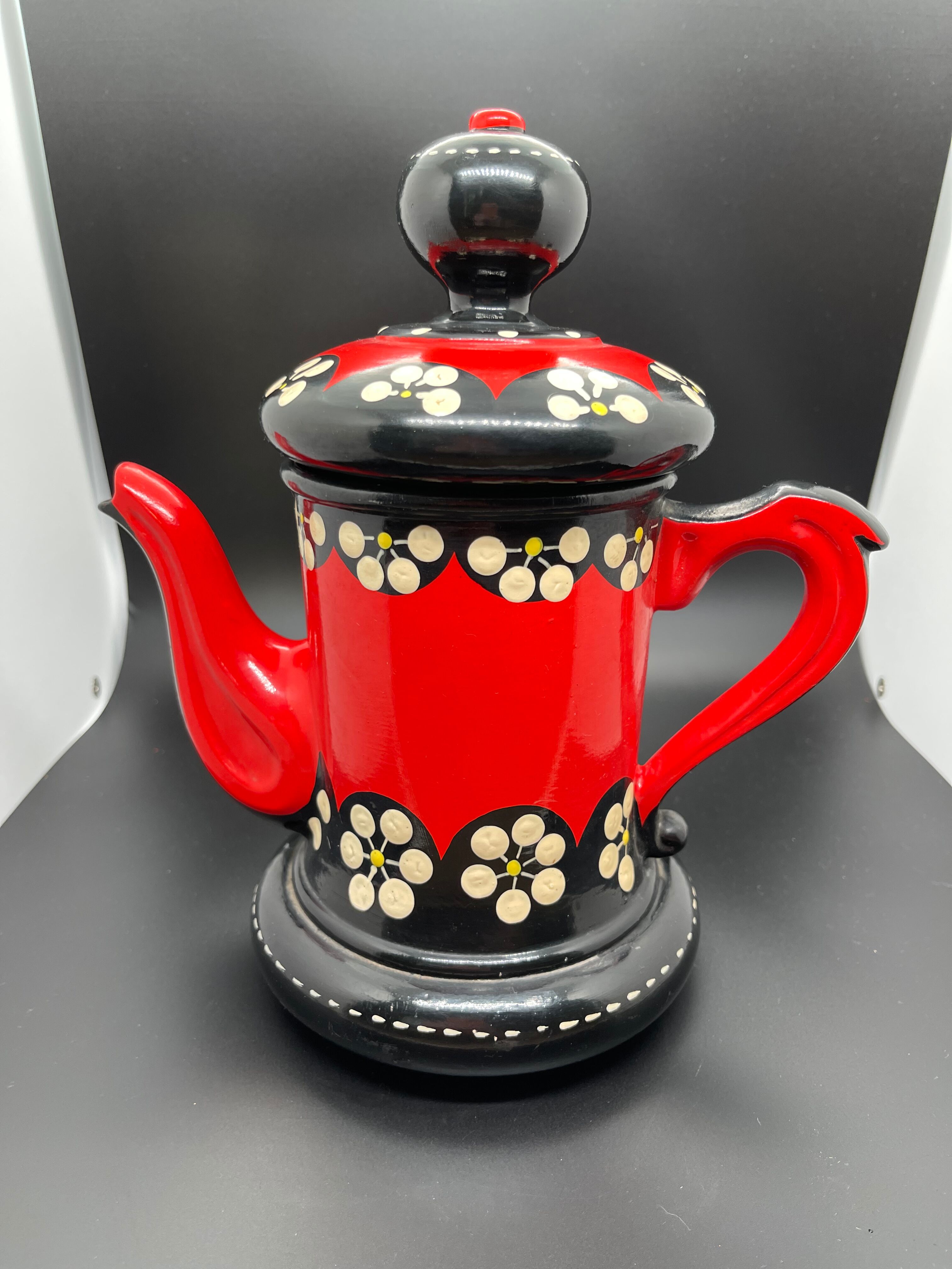 Vintage terracotta teapot glazed and hand painted
