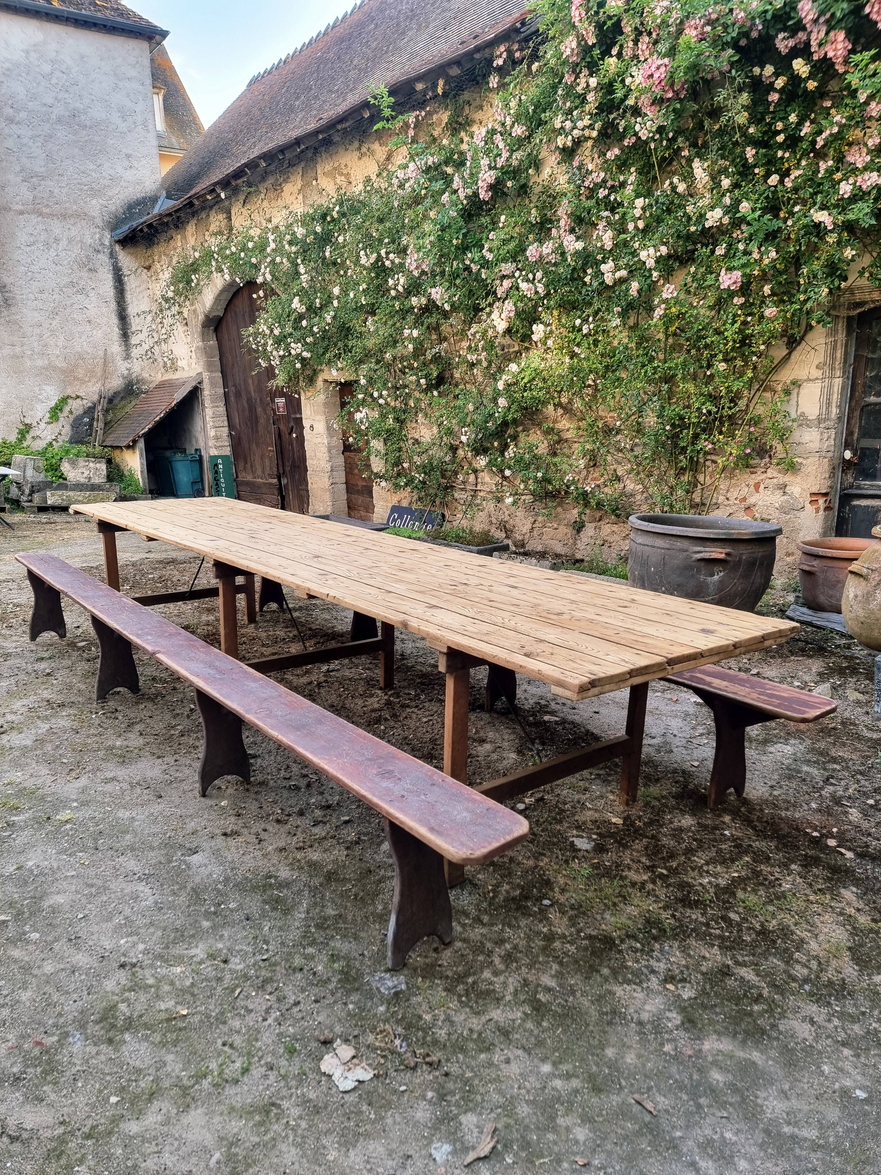 French antique garden dining table – XXL wine table with benches