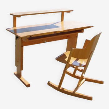 Vintage beech desk and rocking chair set adjustable scalable desk
