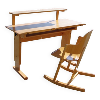 Vintage beech desk and rocking chair set adjustable scalable desk