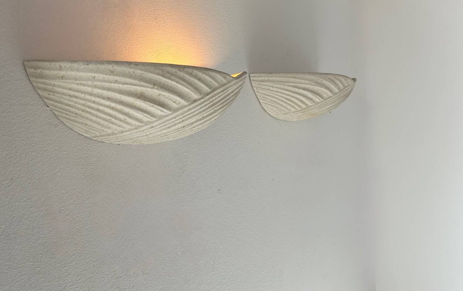 Pair of vintage speckled beige plaster wall lights, France 1970s