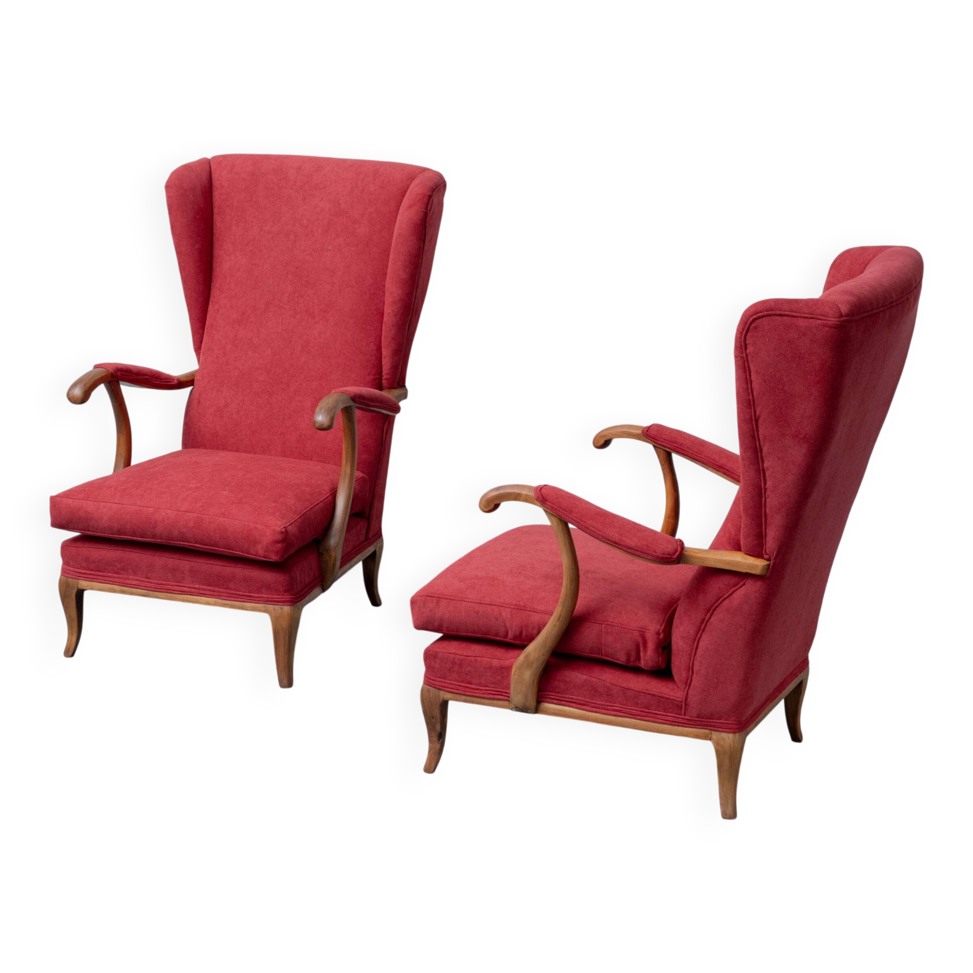 Pair of vintage armchairs attributed to Paolo Buffa in red fabric from the 1950s.
