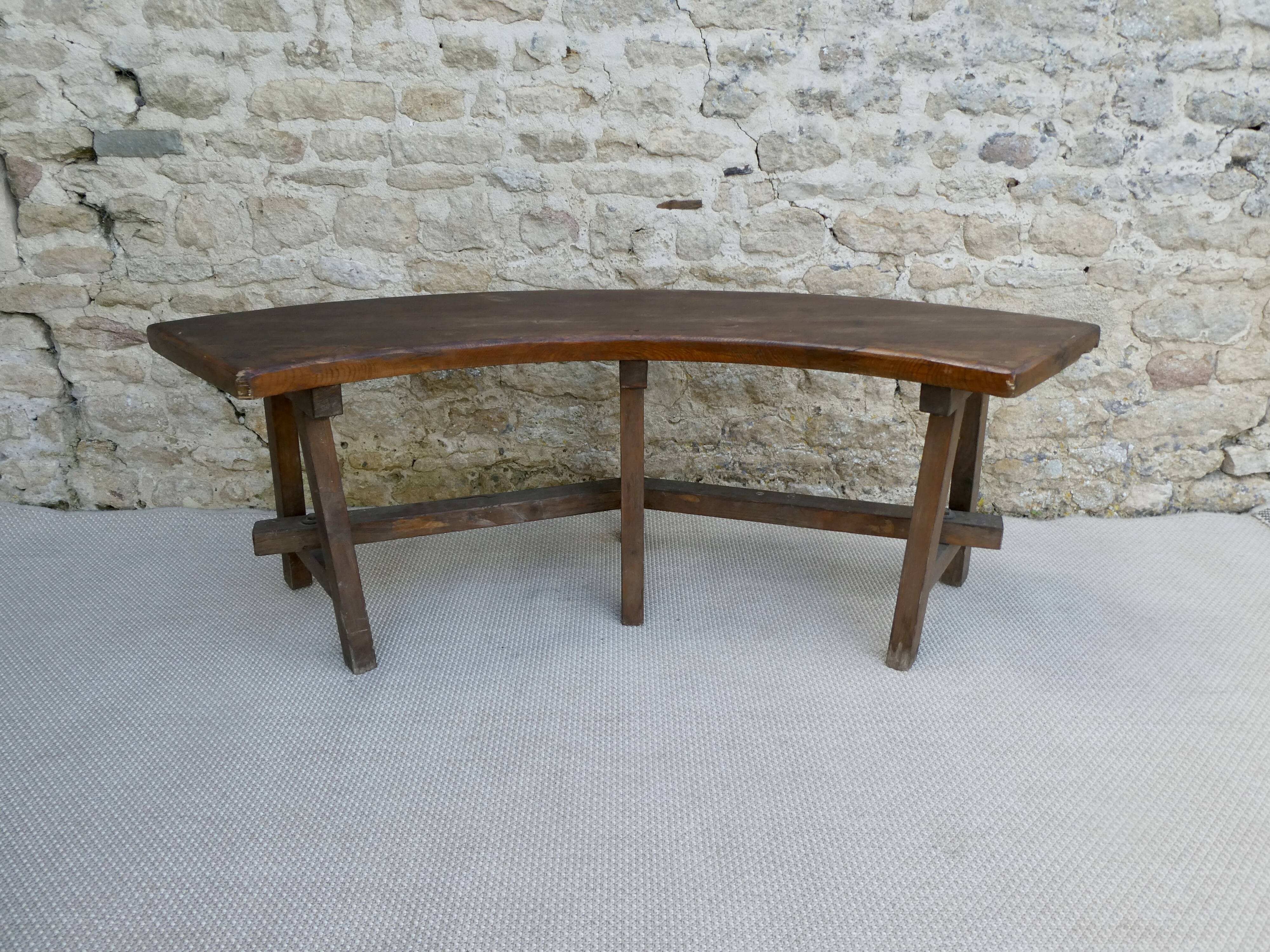 Curved solid wood bench, 70s