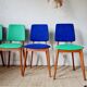 Series of velvet Scandinavian chairs - green and blue.
