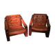Duo of ochre leather and wood frame armchairs