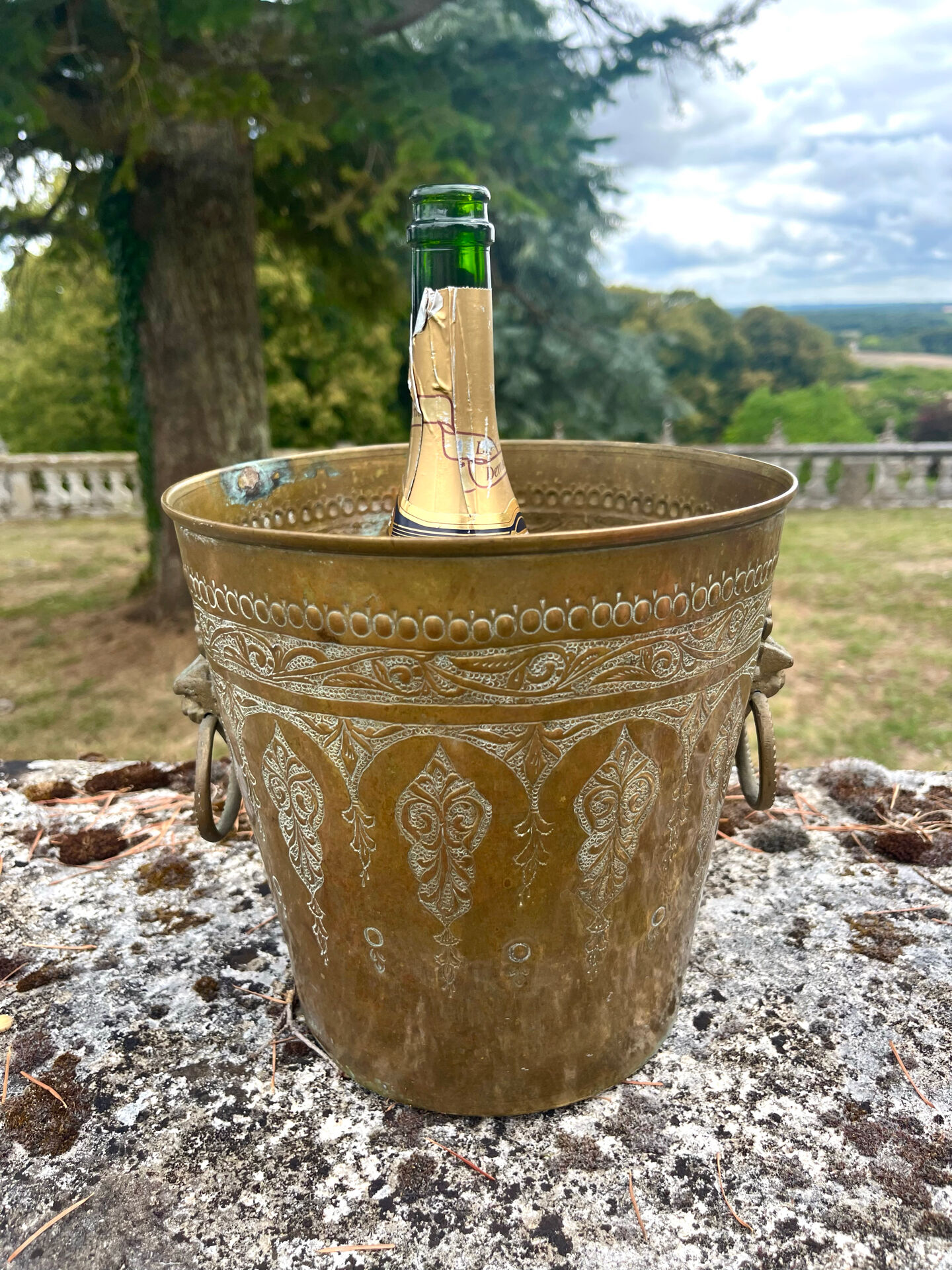 Persian Brass Champagne Bucket, Hand Engraved Ram Head Handles