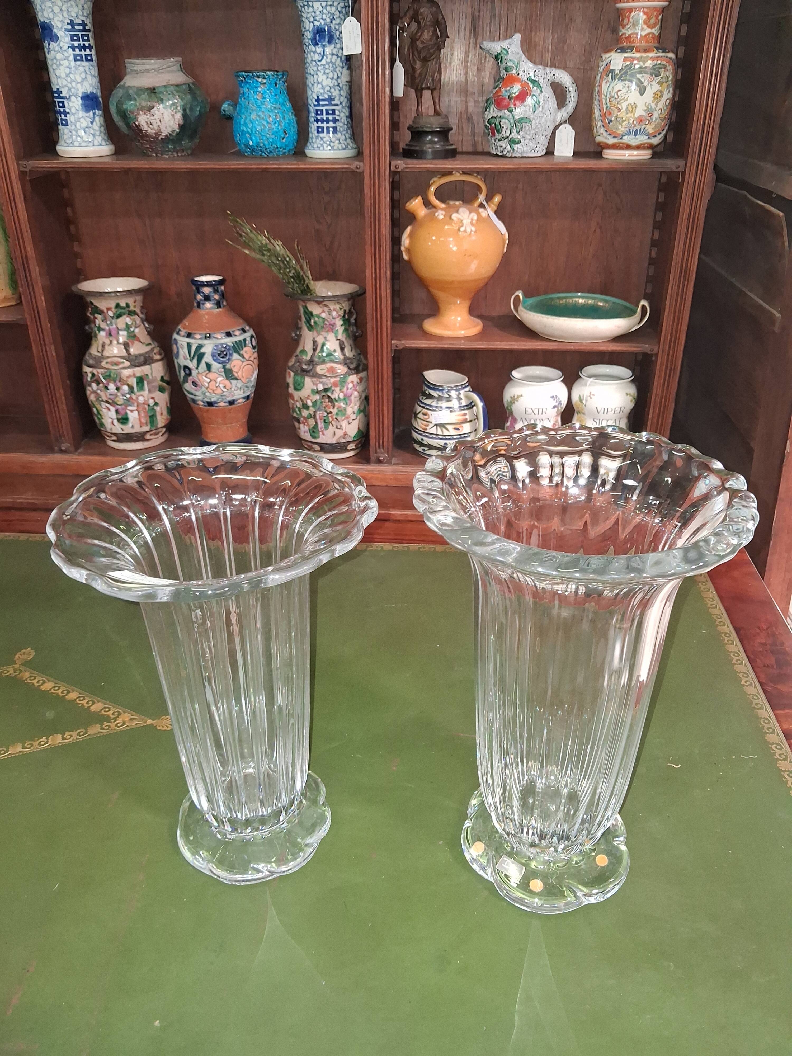 Pair of Daum France crystal cornets vases – Twisted ribbed model