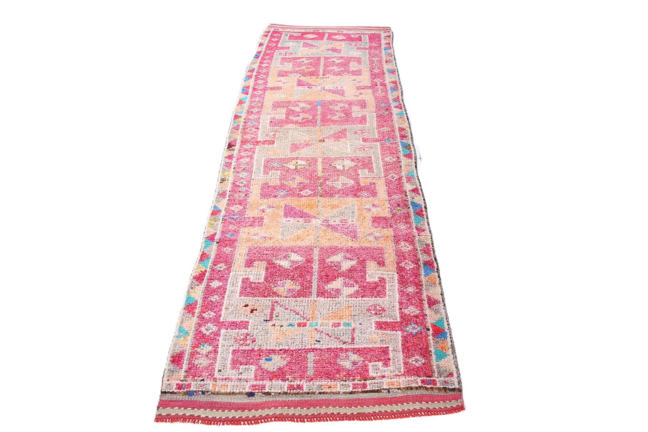 Raspberry Pink Tribal Vintage Runner Rug, Turkish Hallway Carpet,102x322 Cm