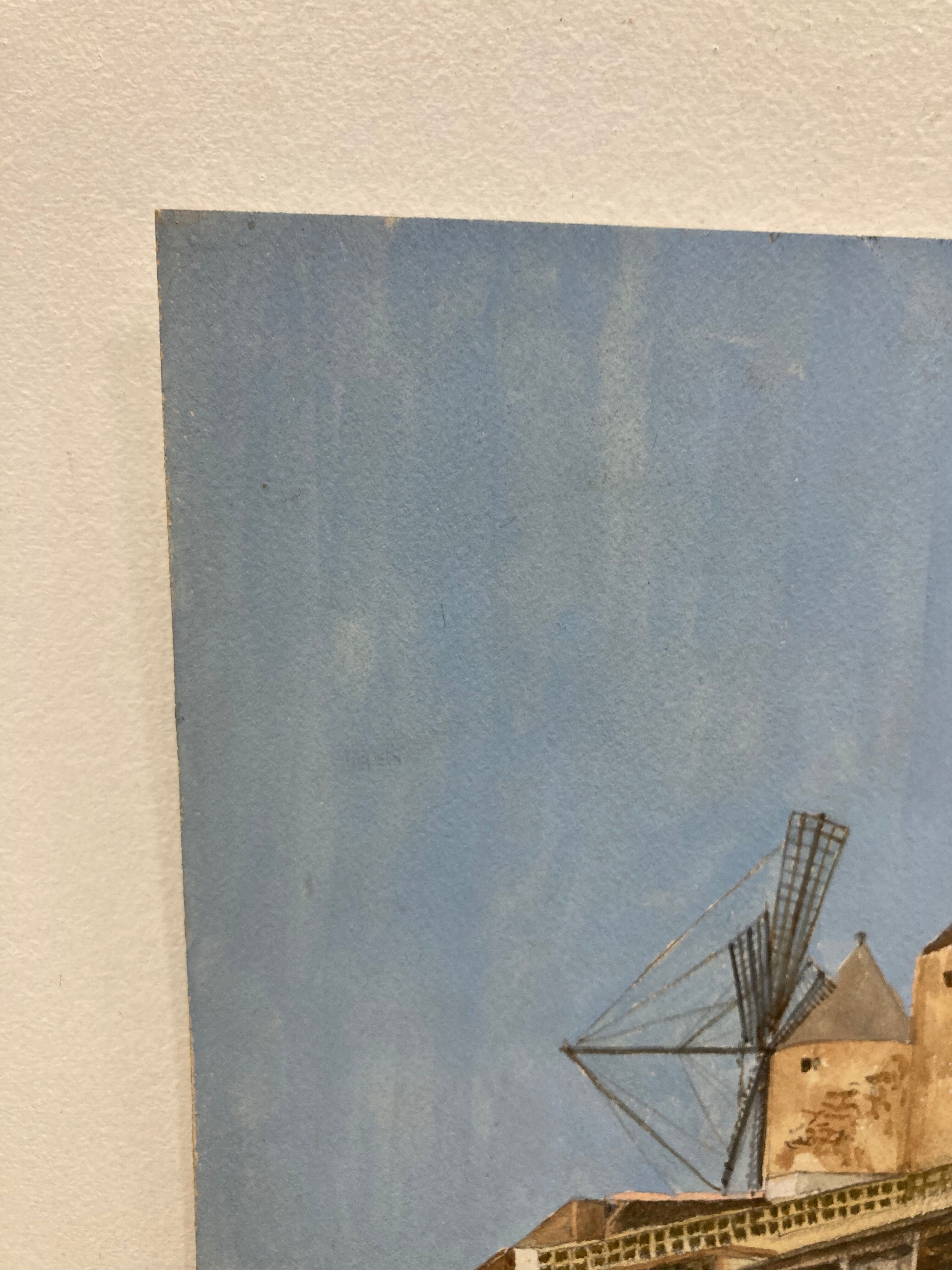 Watercolor landscape with vintage mills