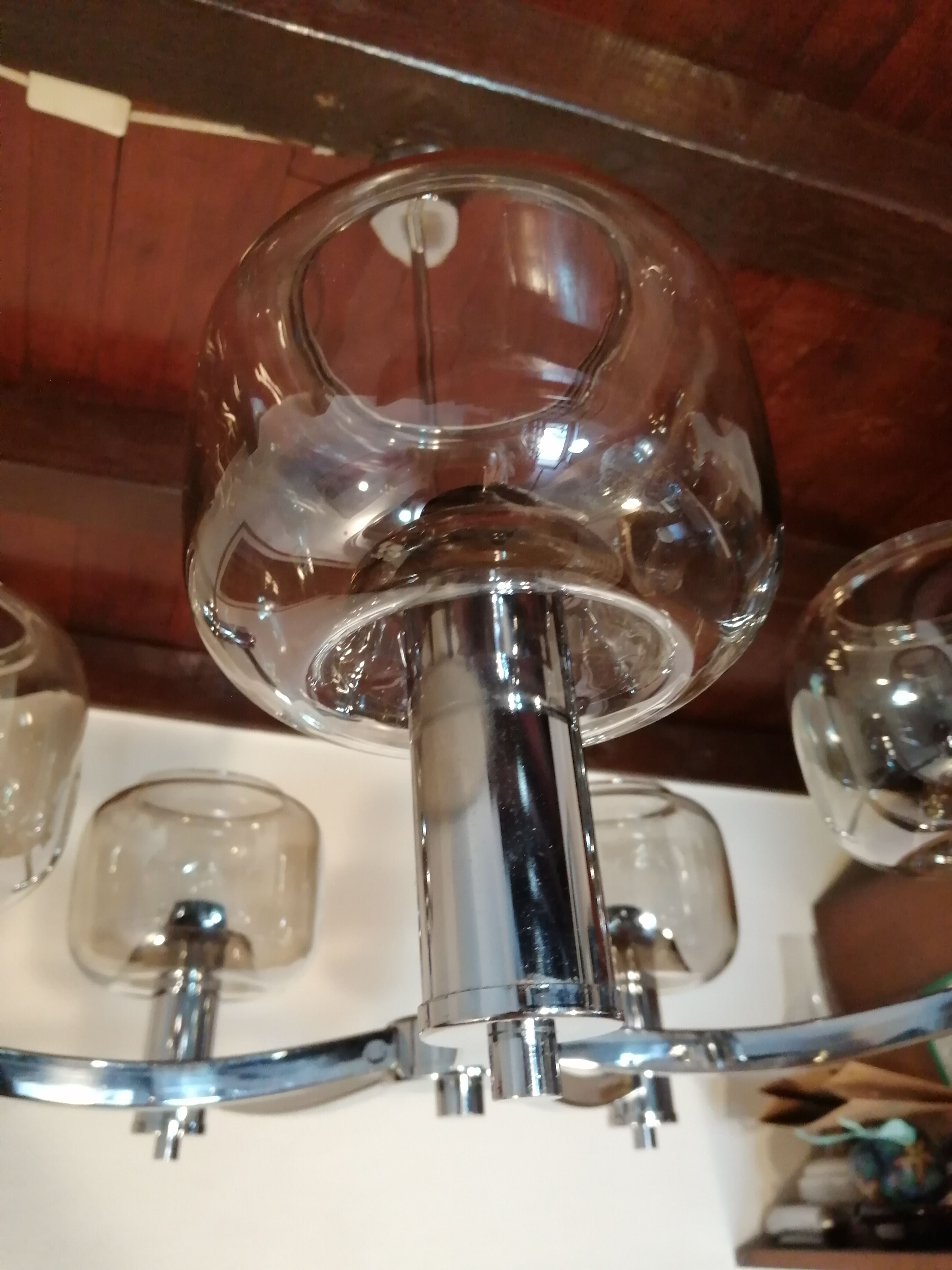 5-spoke chromed metal chandelier and smoked glass globes from Maison See Delmas 1970 vintage