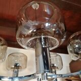 5-spoke chromed metal chandelier and smoked glass globes from Maison See Delmas 1970 vintage
