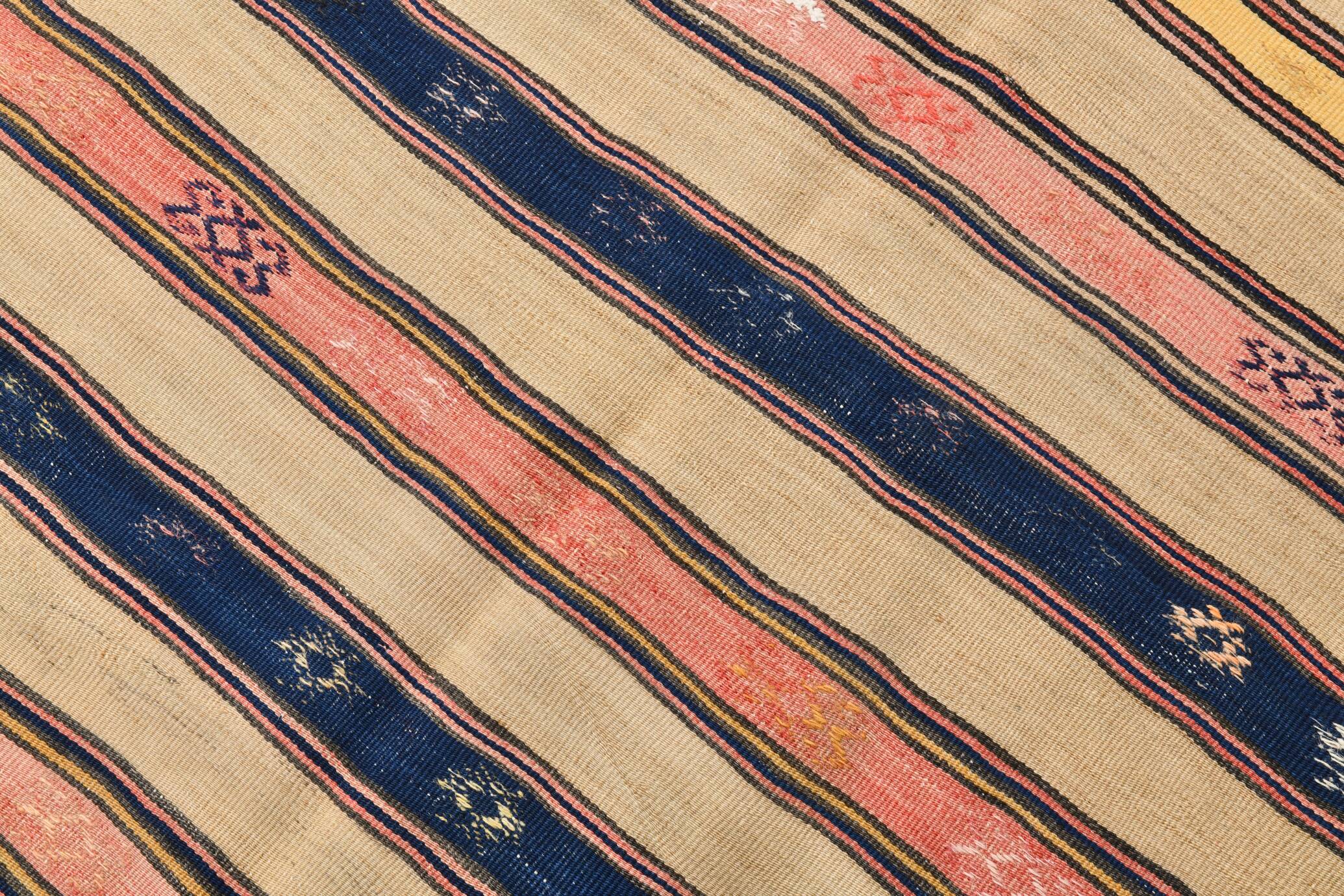 5x8 Cream & Navy Blue Striped Pattern Kilim Rug, 152x234Cm