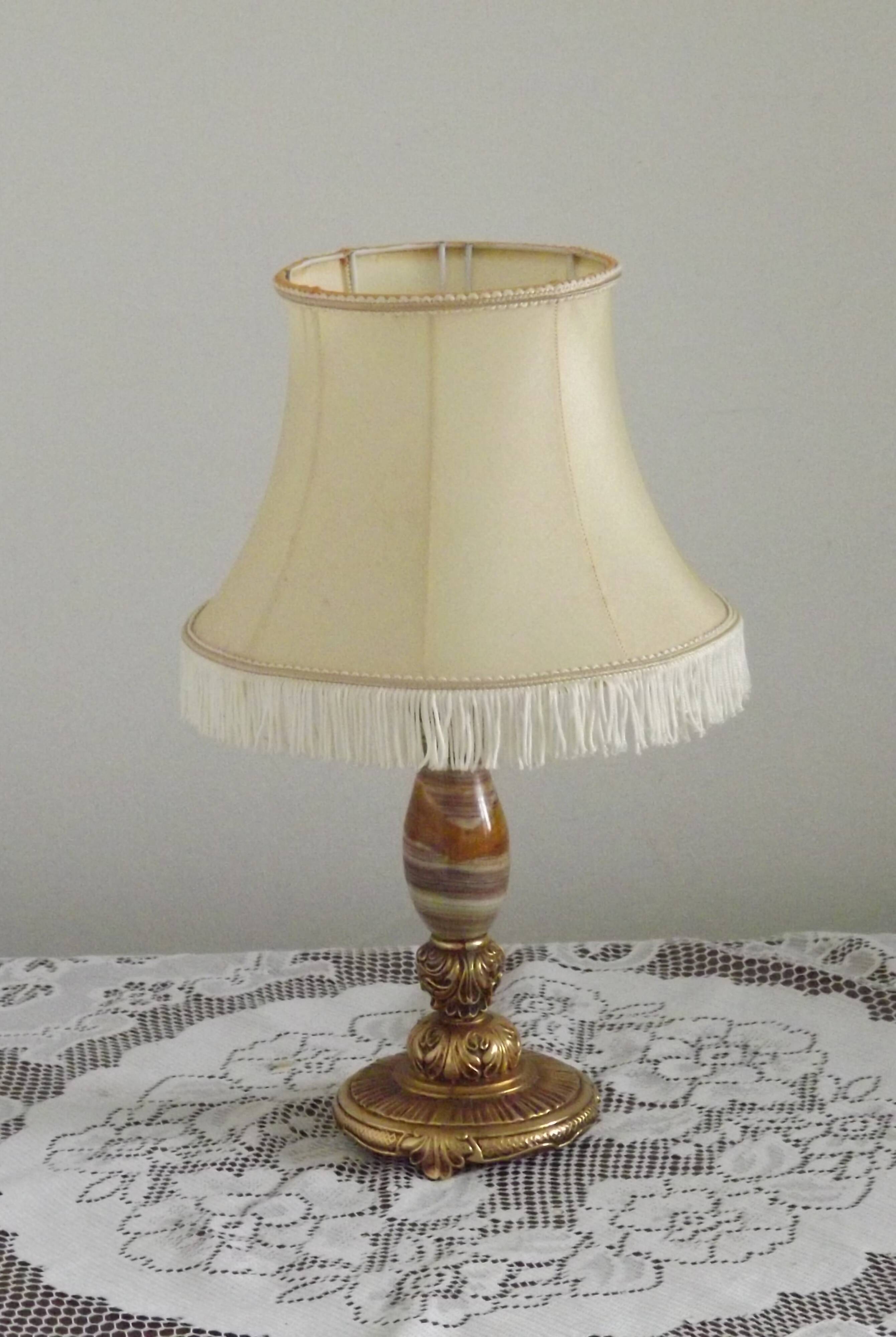 Vintage French Round Brass and Onyx Table Lamp With Cream Fringed Shade