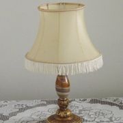 Vintage French Round Brass and Onyx Table Lamp With Cream Fringed Shade
