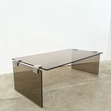 Table basse minimaliste 70s – verre bronze & alu