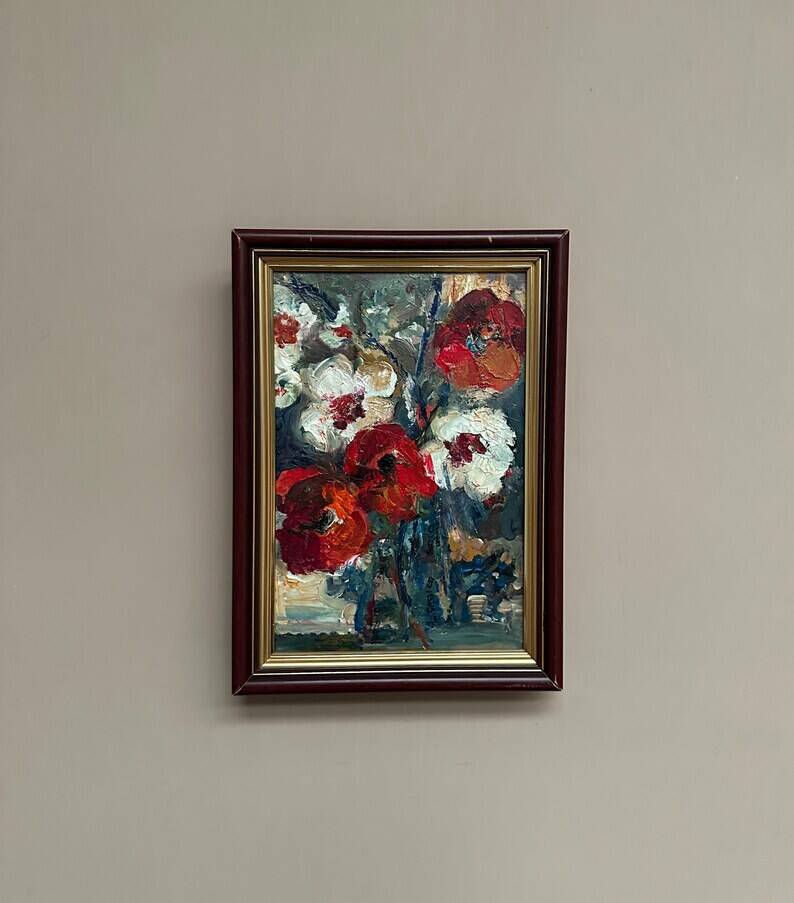 Swedish Oil on Canvas“Red Poppies and White Blossoms” by L. Stokes, Vintage