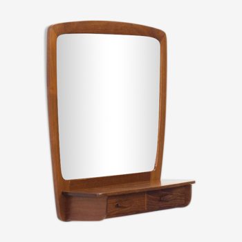 Miroir vintage encadré en teck avec section tiroir 64x57cm
