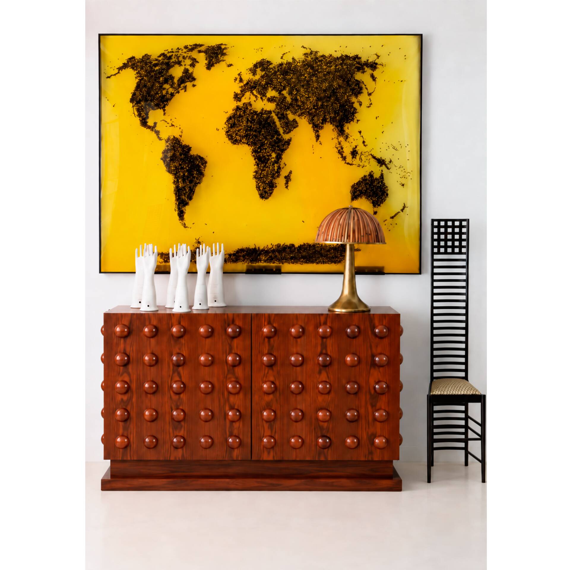 Italian Brutalist Hand-Carved Oak Wood Sideboard with Sculptural Studded Do