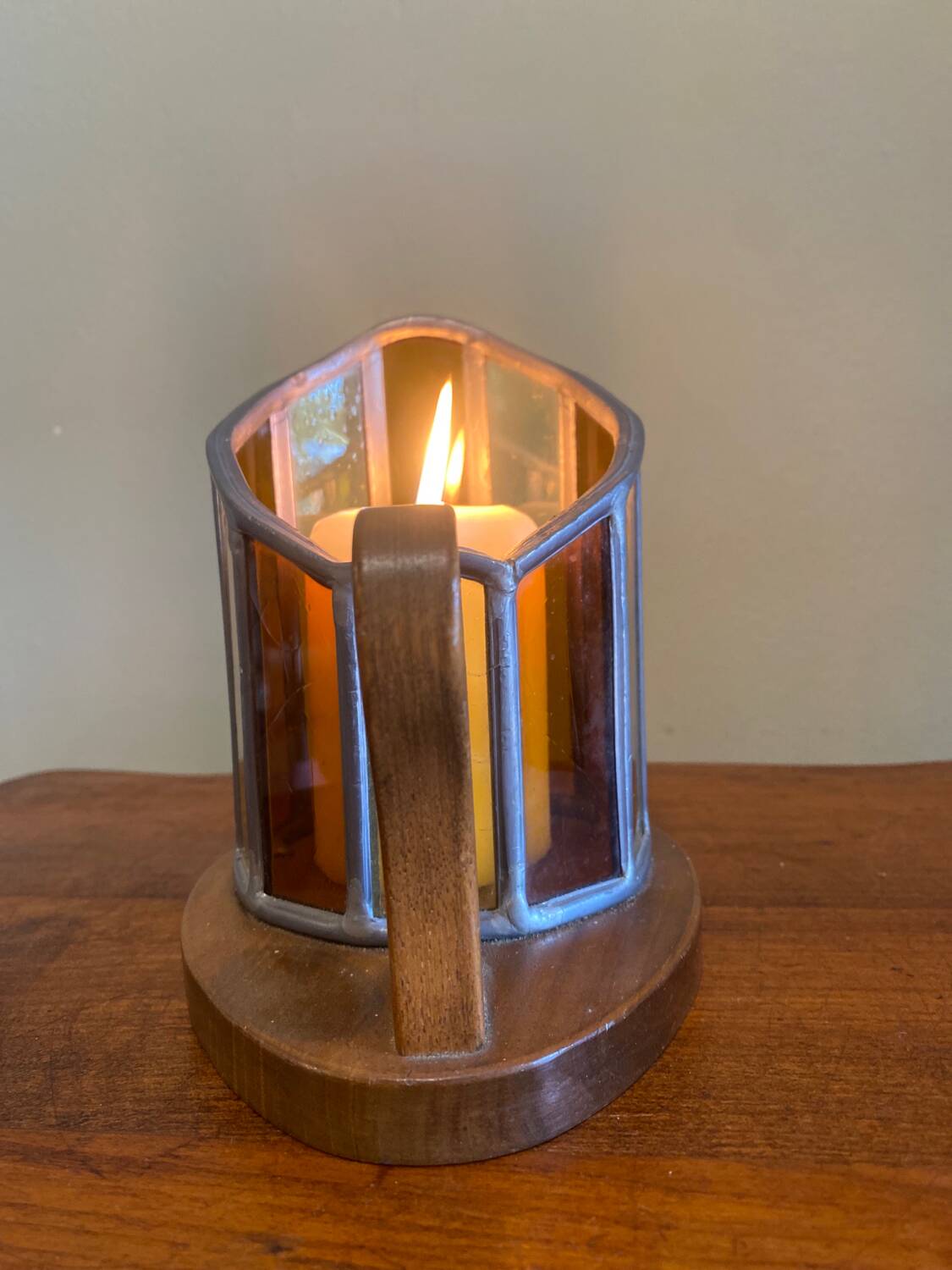 Wooden and stained glass candle holder