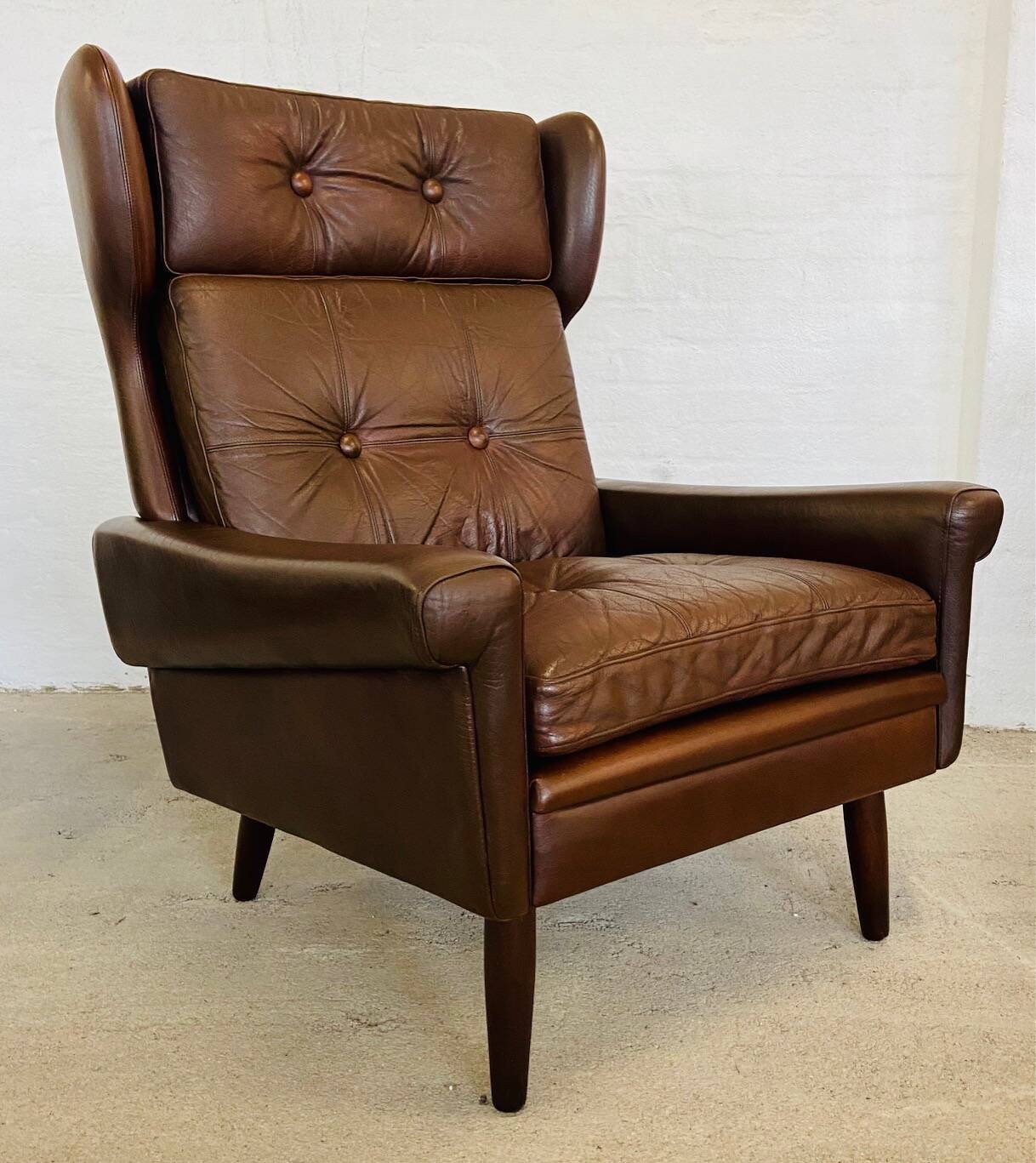 Vintage danish retro mid-century svend skipper cognac leather chair & stool 60s