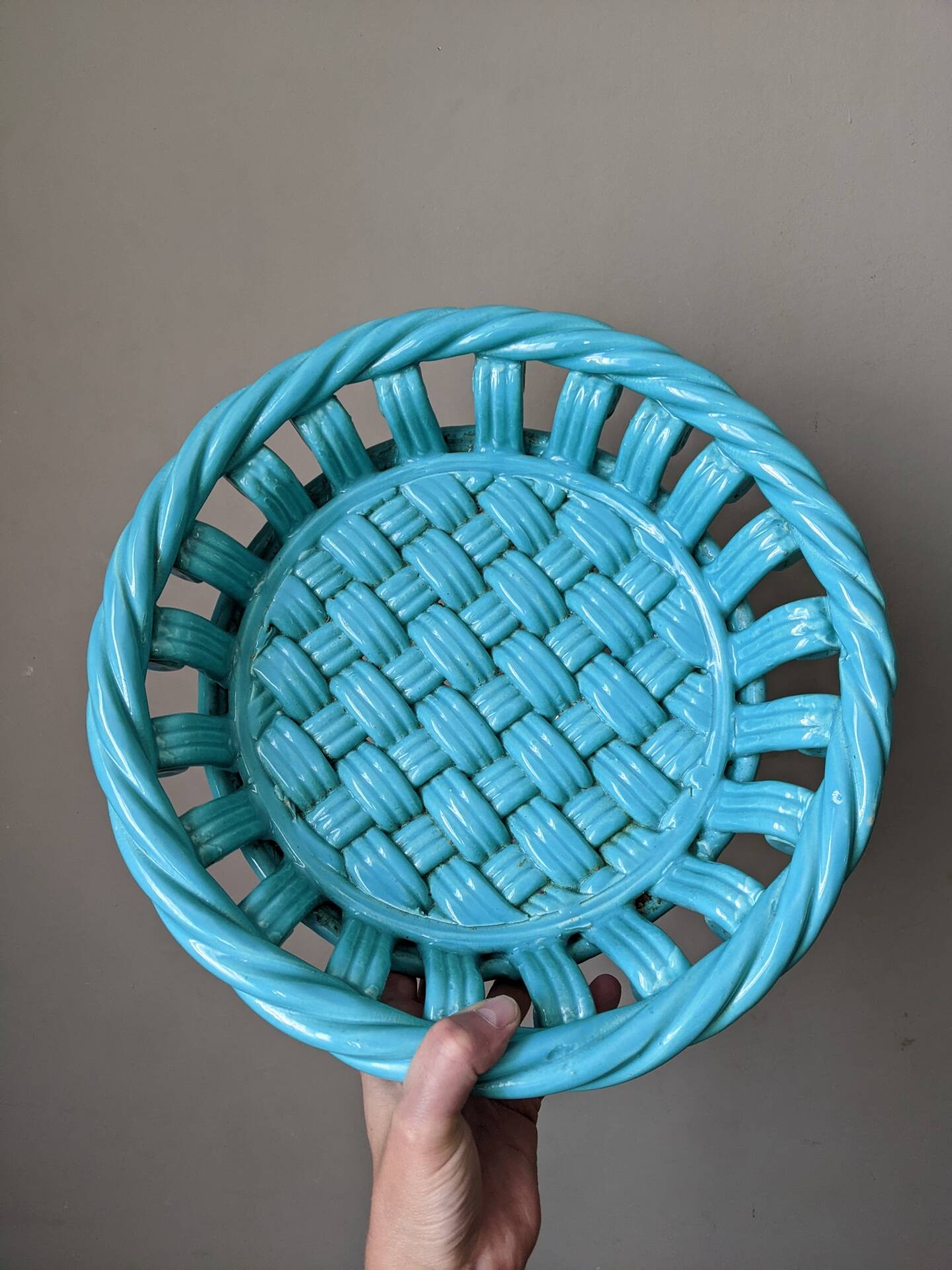 Woven ceramic fruit bowl from the 1950s