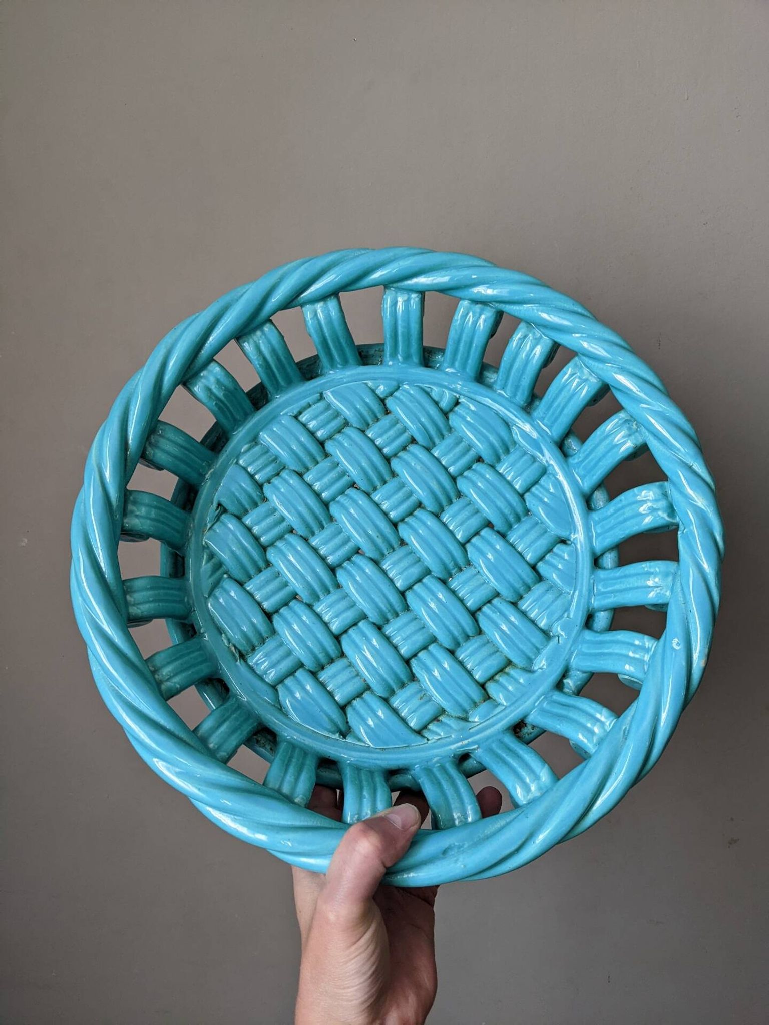 Woven ceramic fruit bowl from the 1950s