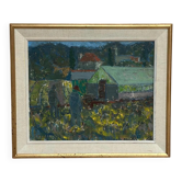 Huile sur panneau d'origine suédoise – « Ferme » par Svän Grandin – Signé – Vintage