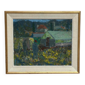 Huile sur panneau d'origine suédoise – « Ferme » par Svän Grandin – Signé – Vintage