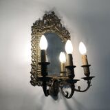 Pair of 3-light beveled mirror wall lights in Napoleon style, gilded bronze