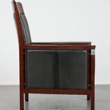 Black Art Deco cowhide leather and wooden design armchair with a high back