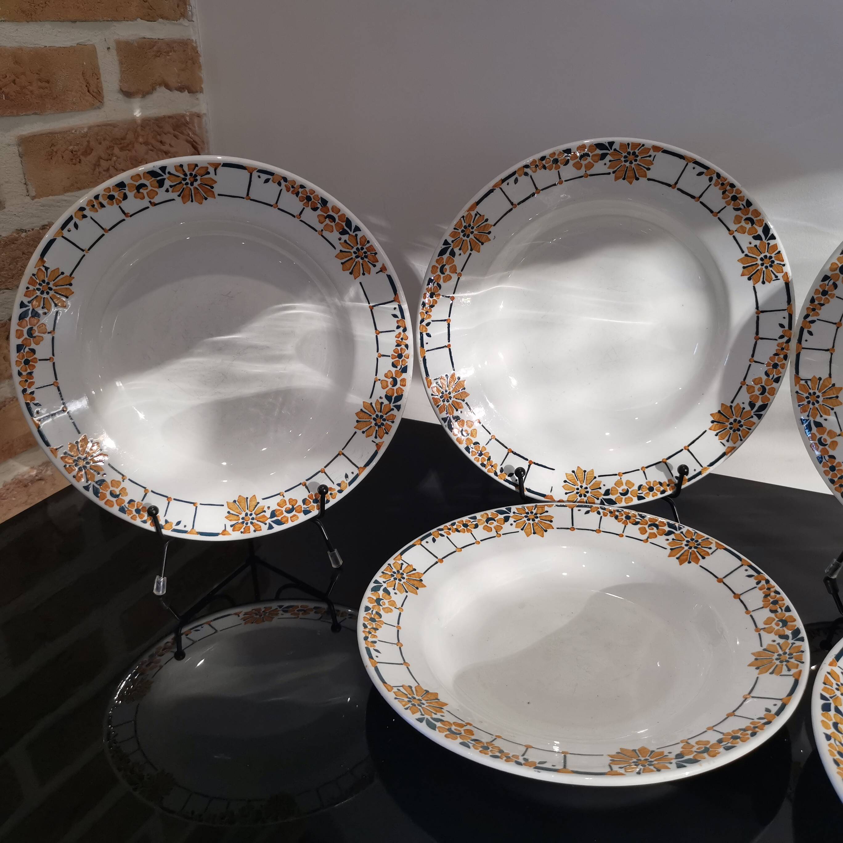 Series of 6 Saint Amand Ceranord soup plates, ocher and green pattern France