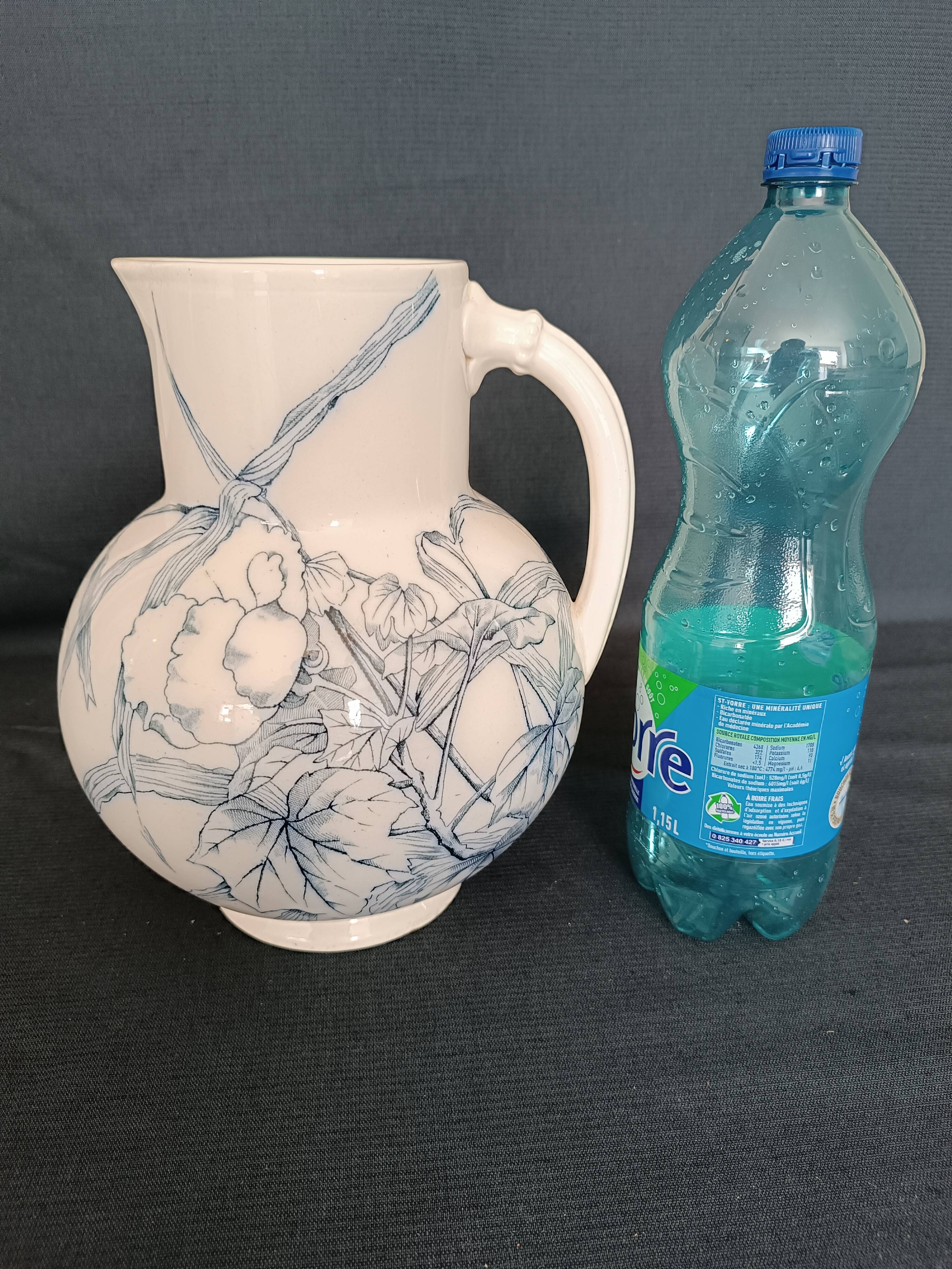 Pitcher jug vase earthenware floral decor blue early 20th century