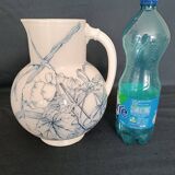Pitcher jug vase earthenware floral decor blue early 20th century