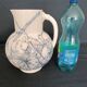 Pitcher jug vase earthenware floral decor blue early 20th century